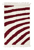 Load image into Gallery viewer, Turning Stride zebra stripe wool rug, burgundy stripes on cream, full view from above with fringed ends
