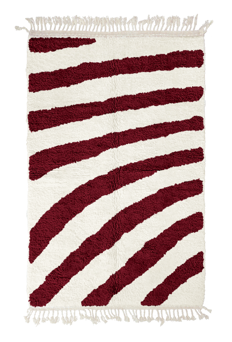 Turning Stride zebra stripe wool rug, burgundy stripes on cream, full view from above with fringed ends