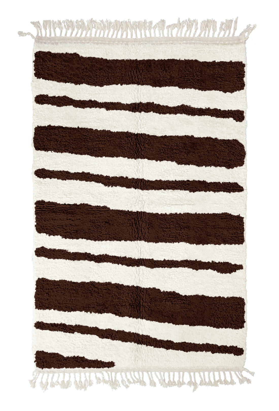 Double Stride zebra stripe wool rug, dark brown stripes on cream, full view from above with fringed ends