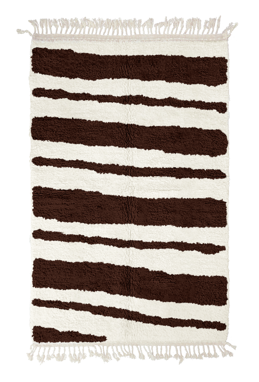 Double Stride zebra stripe wool rug, dark brown stripes on cream, full view from above with fringed ends