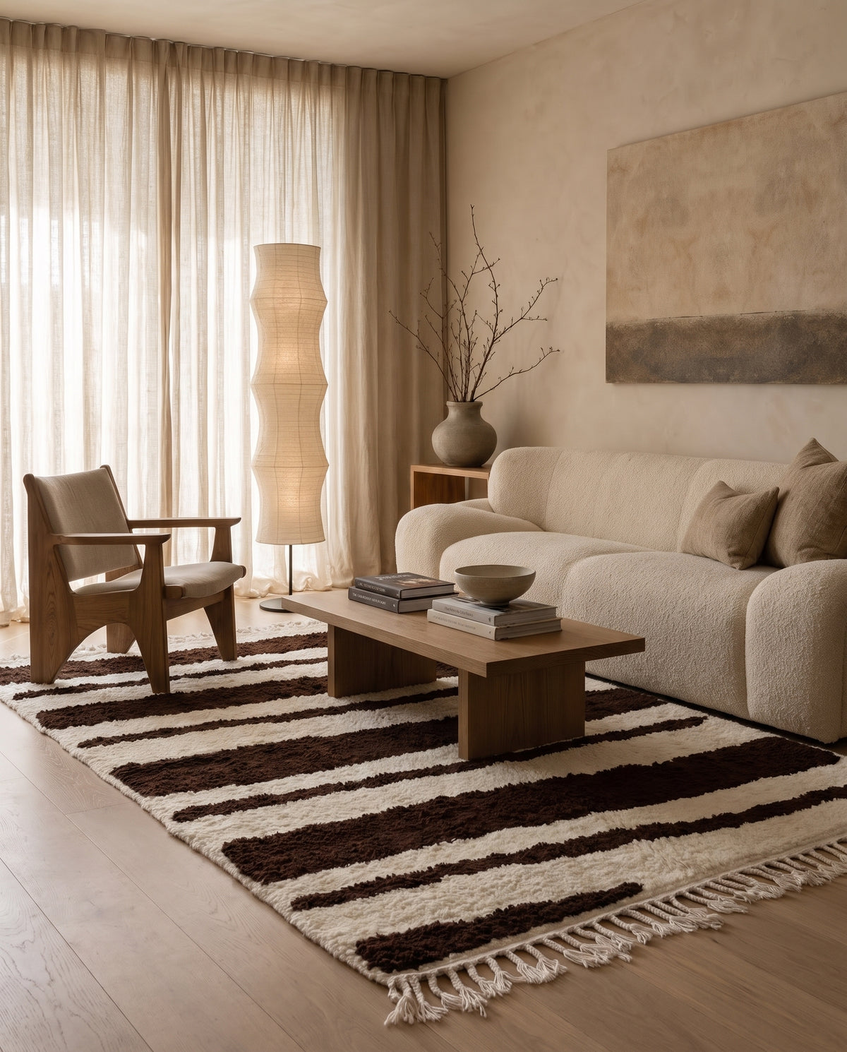 Brown and Cream zebra stripe wool rug in a furnished room