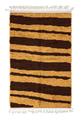 Load image into Gallery viewer, Double Stride zebra stripe wool rug, dark brown stripes on ochre yellow, full view from above with fringed ends
