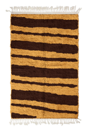 Double Stride zebra stripe wool rug, dark brown stripes on ochre yellow, full view from above with fringed ends