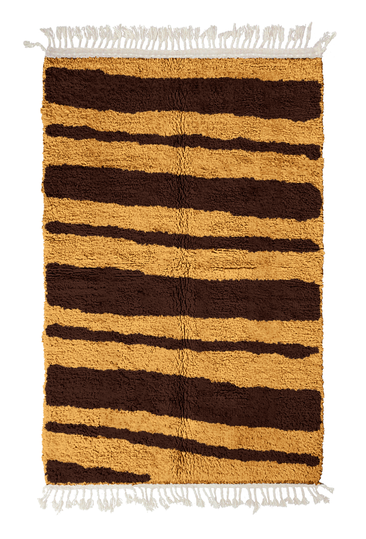 Double Stride zebra stripe wool rug, dark brown stripes on ochre yellow, full view from above with fringed ends