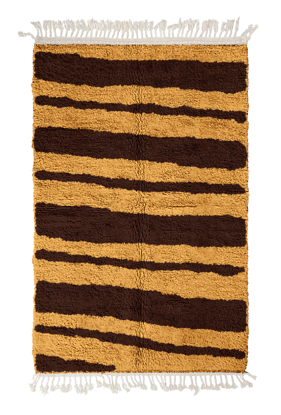 Double Stride zebra stripe wool rug, dark brown stripes on ochre yellow, full view from above with fringed ends