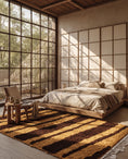 Load image into Gallery viewer, Brown and Ochre Yellow zebra stripe wool rug in a furnished room
