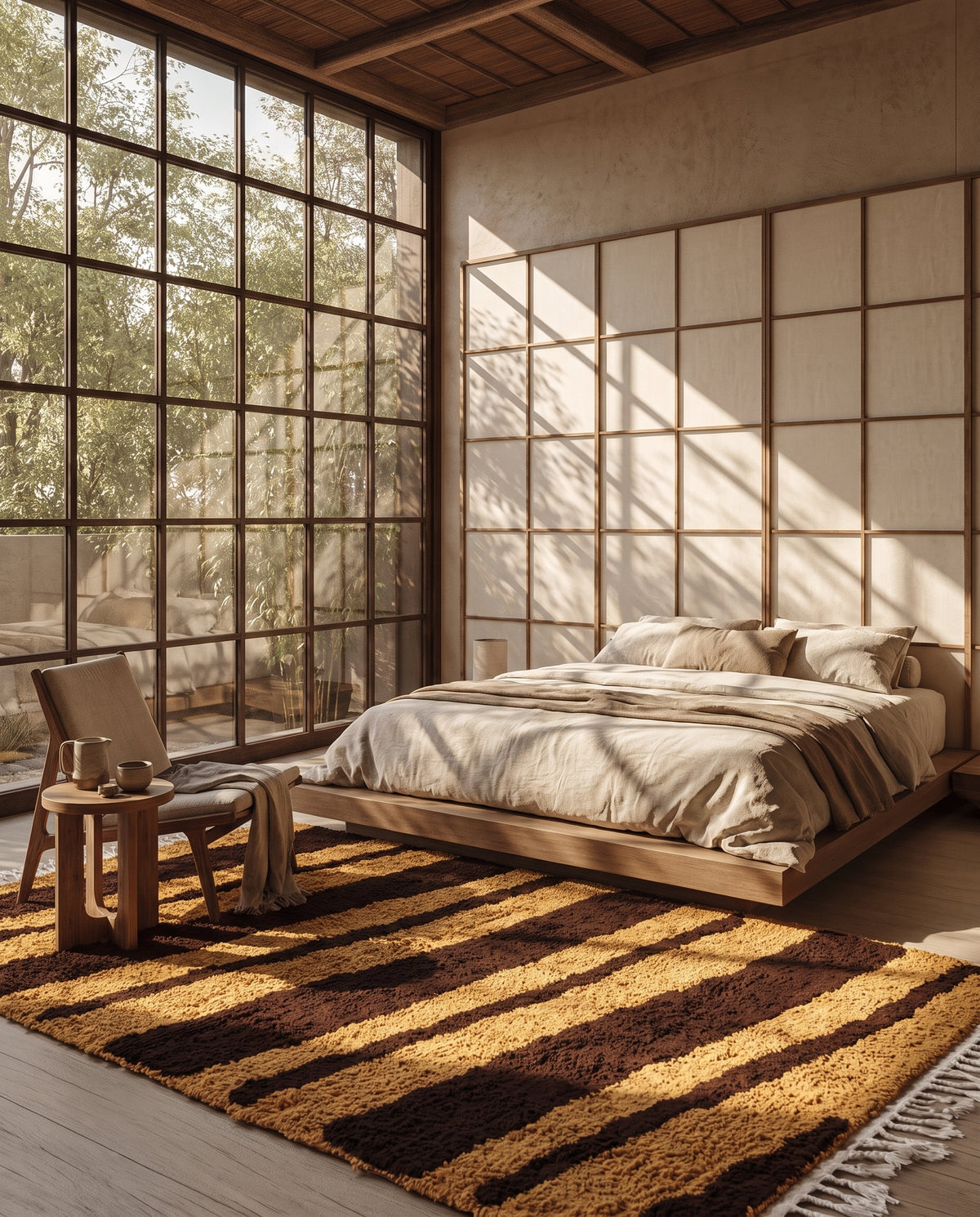 Brown and Ochre Yellow zebra stripe wool rug in a furnished room