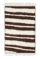 Double Stride zebra stripe wool rug, cream stripes on dark espresso brown, full view from above with fringed ends