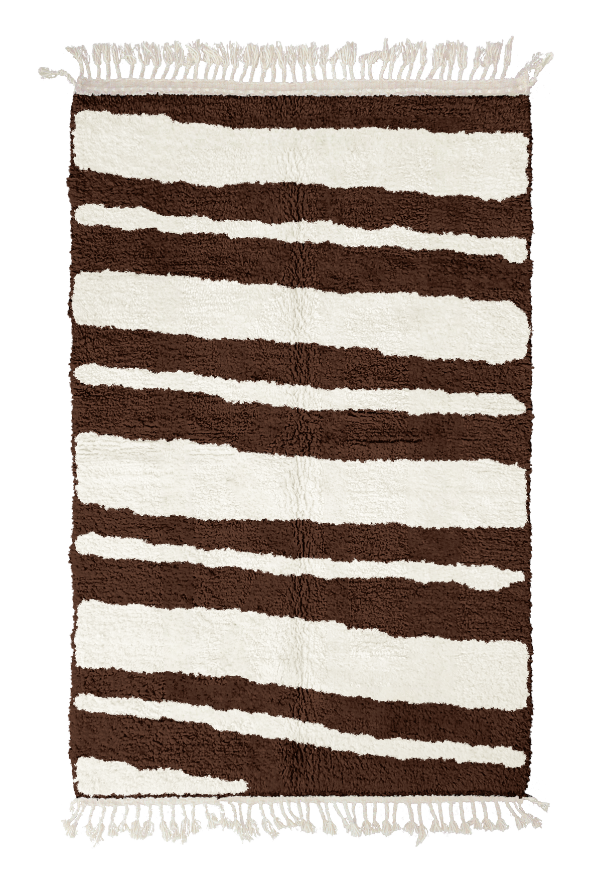 Double Stride zebra stripe wool rug, cream stripes on dark espresso brown, full view from above with fringed ends