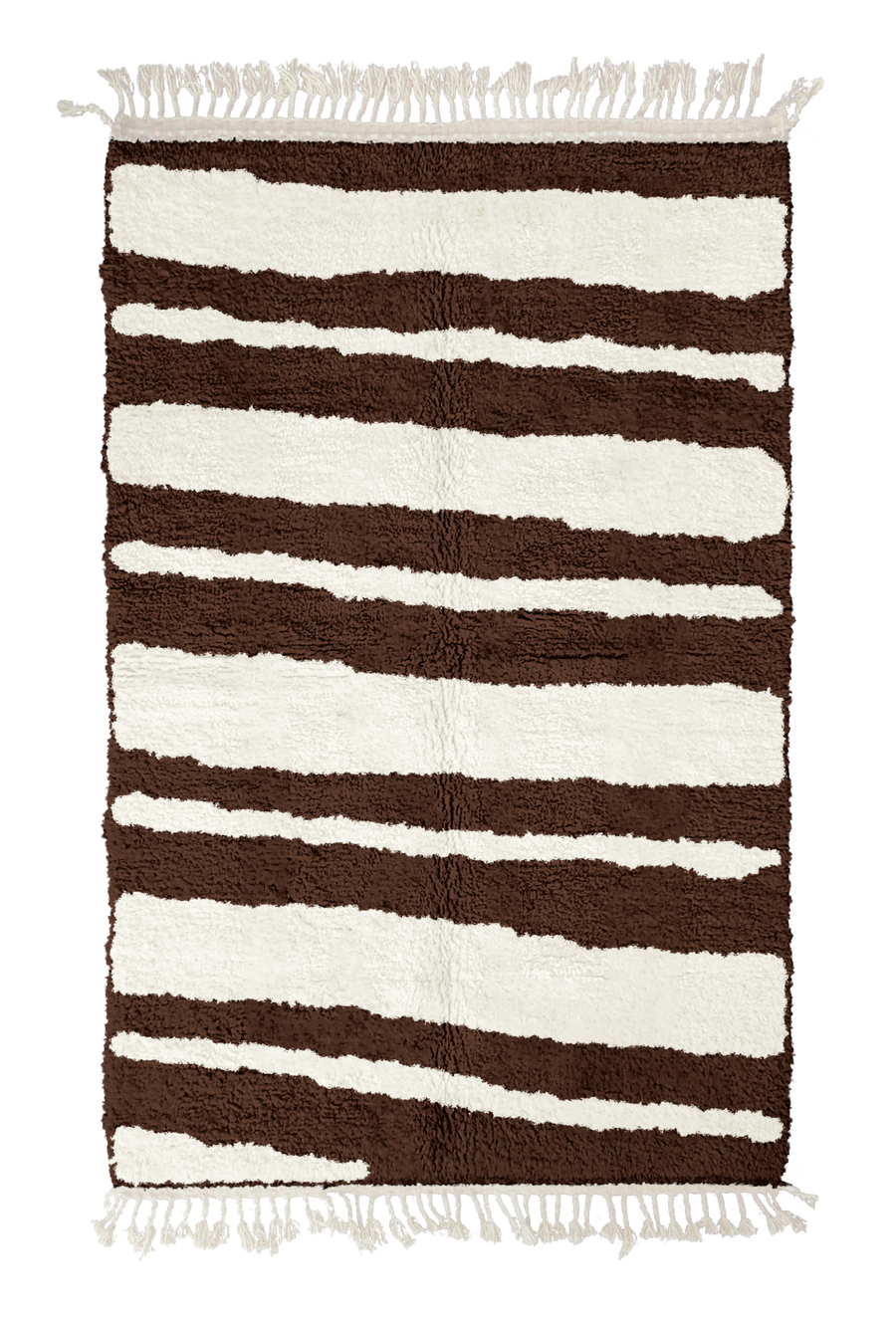 Double Stride zebra stripe wool rug, cream stripes on dark espresso brown, full view from above with fringed ends