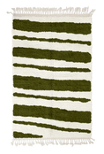 Load image into Gallery viewer, Double Stride zebra stripe wool rug, olive green stripes on cream, full view from above with fringed ends
