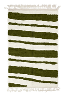 Double Stride zebra stripe wool rug, olive green stripes on cream, full view from above with fringed ends