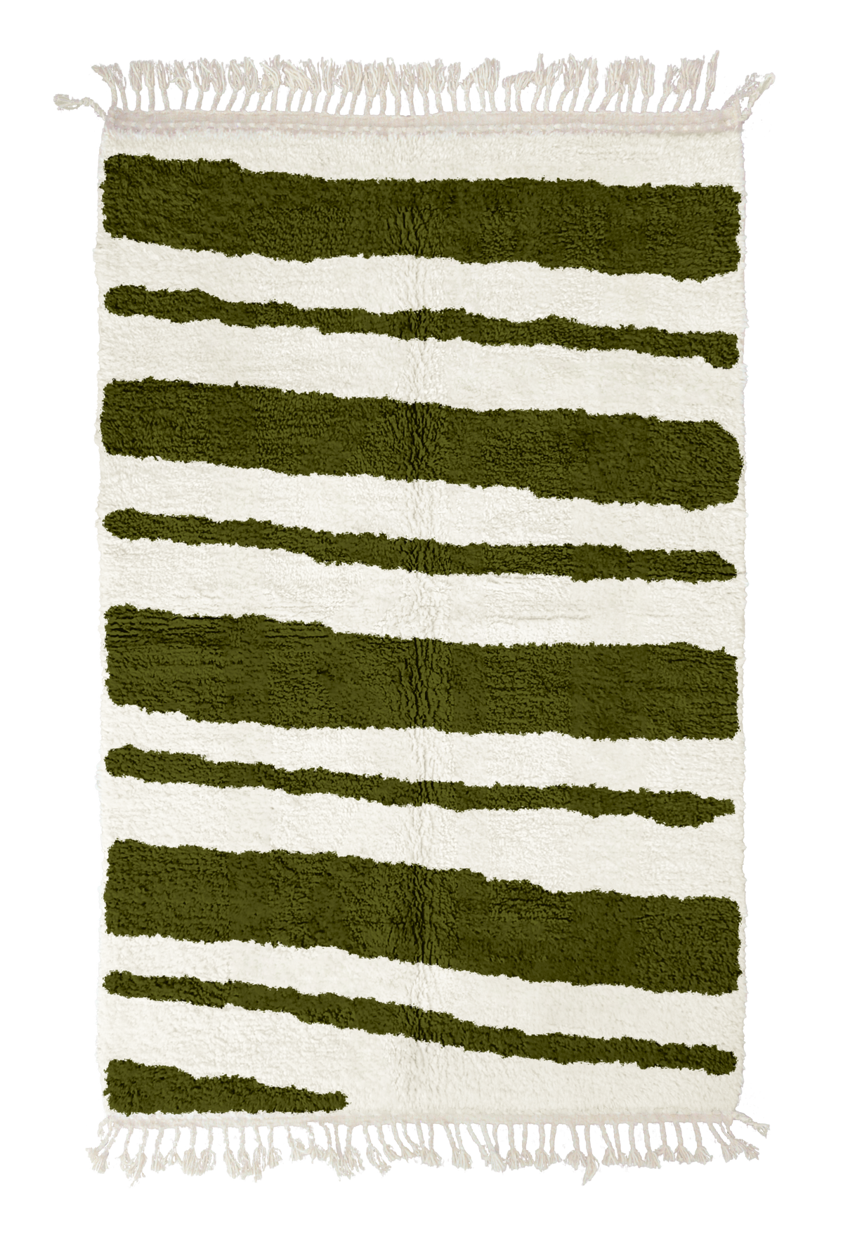 Double Stride zebra stripe wool rug, olive green stripes on cream, full view from above with fringed ends