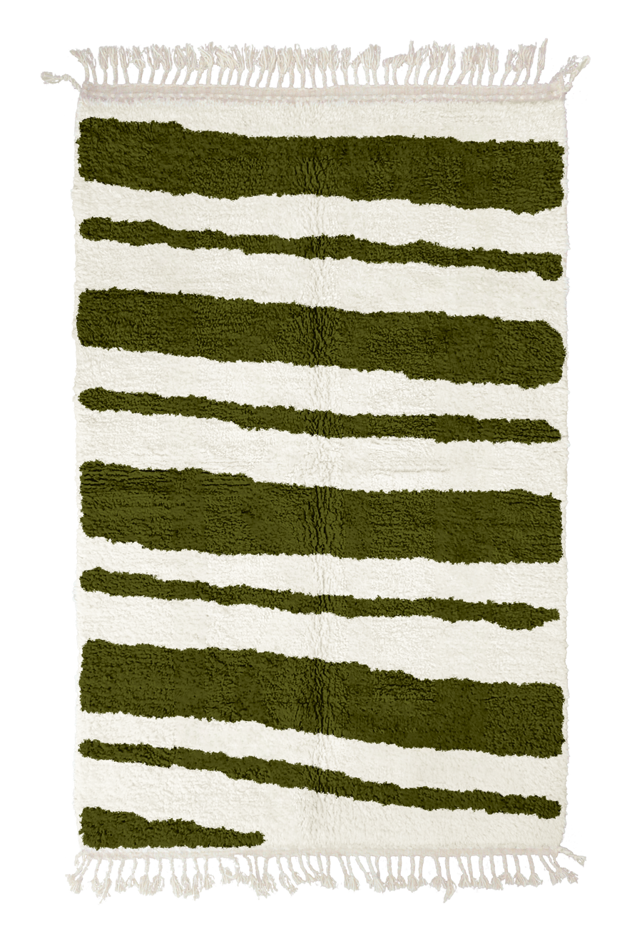 Double Stride zebra stripe wool rug, olive green stripes on cream, full view from above with fringed ends