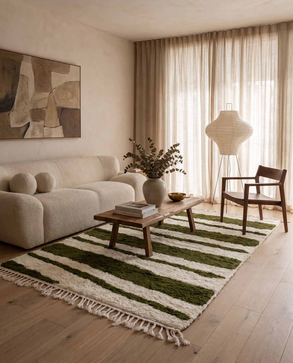 Olive Green and Cream zebra stripe wool rug in a furnished room