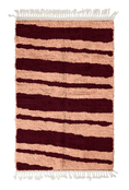Load image into Gallery viewer, Double Stride zebra stripe wool rug, oxblood red stripes on blush pink, full view from above with fringed ends
