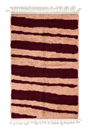 Double Stride zebra stripe wool rug, oxblood red stripes on blush pink, full view from above with fringed ends