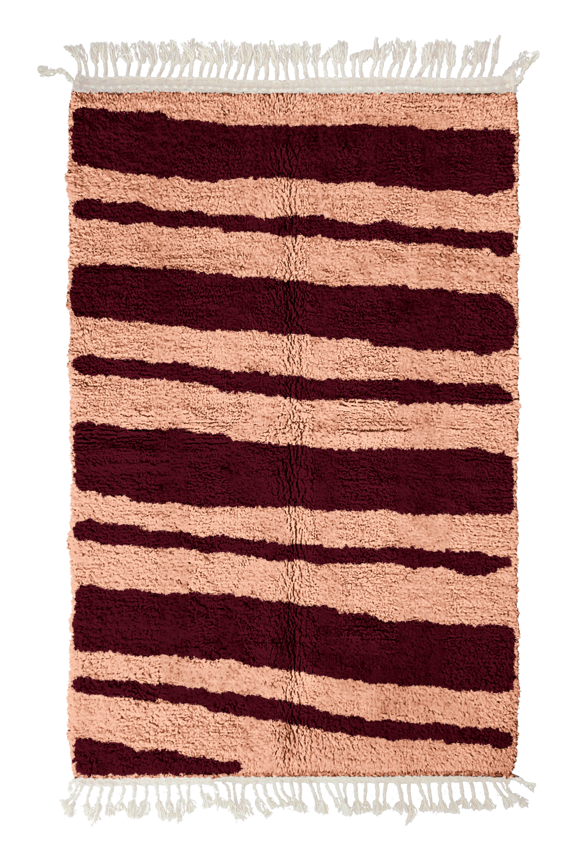 Double Stride zebra stripe wool rug, oxblood red stripes on blush pink, full view from above with fringed ends