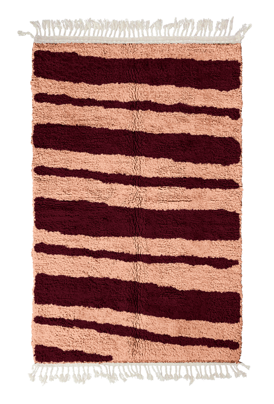 Double Stride zebra stripe wool rug, oxblood red stripes on blush pink, full view from above with fringed ends