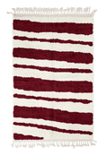 Load image into Gallery viewer, Double Stride zebra stripe wool rug, burgundy stripes on cream, full view from above with fringed ends
