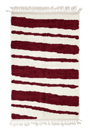 Double Stride zebra stripe wool rug, burgundy stripes on cream, full view from above with fringed ends