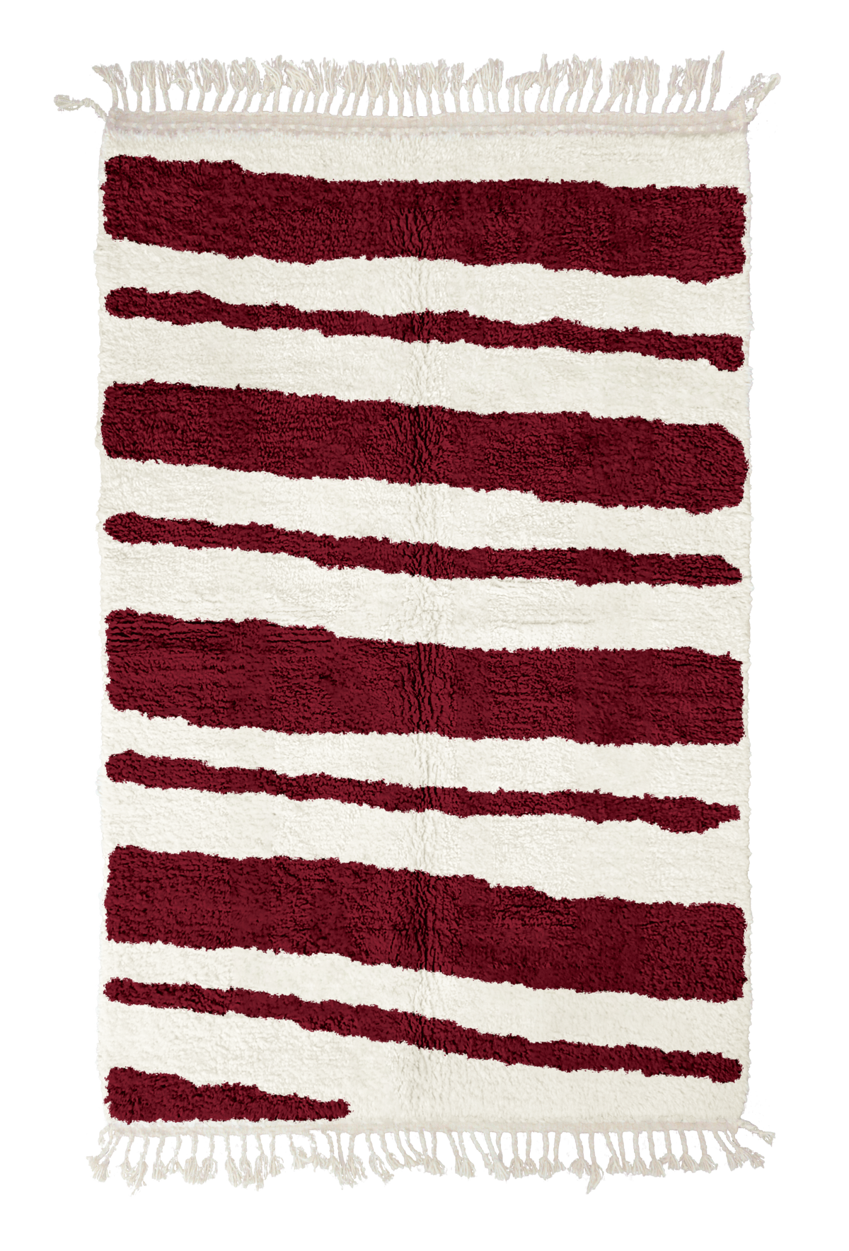 Double Stride zebra stripe wool rug, burgundy stripes on cream, full view from above with fringed ends