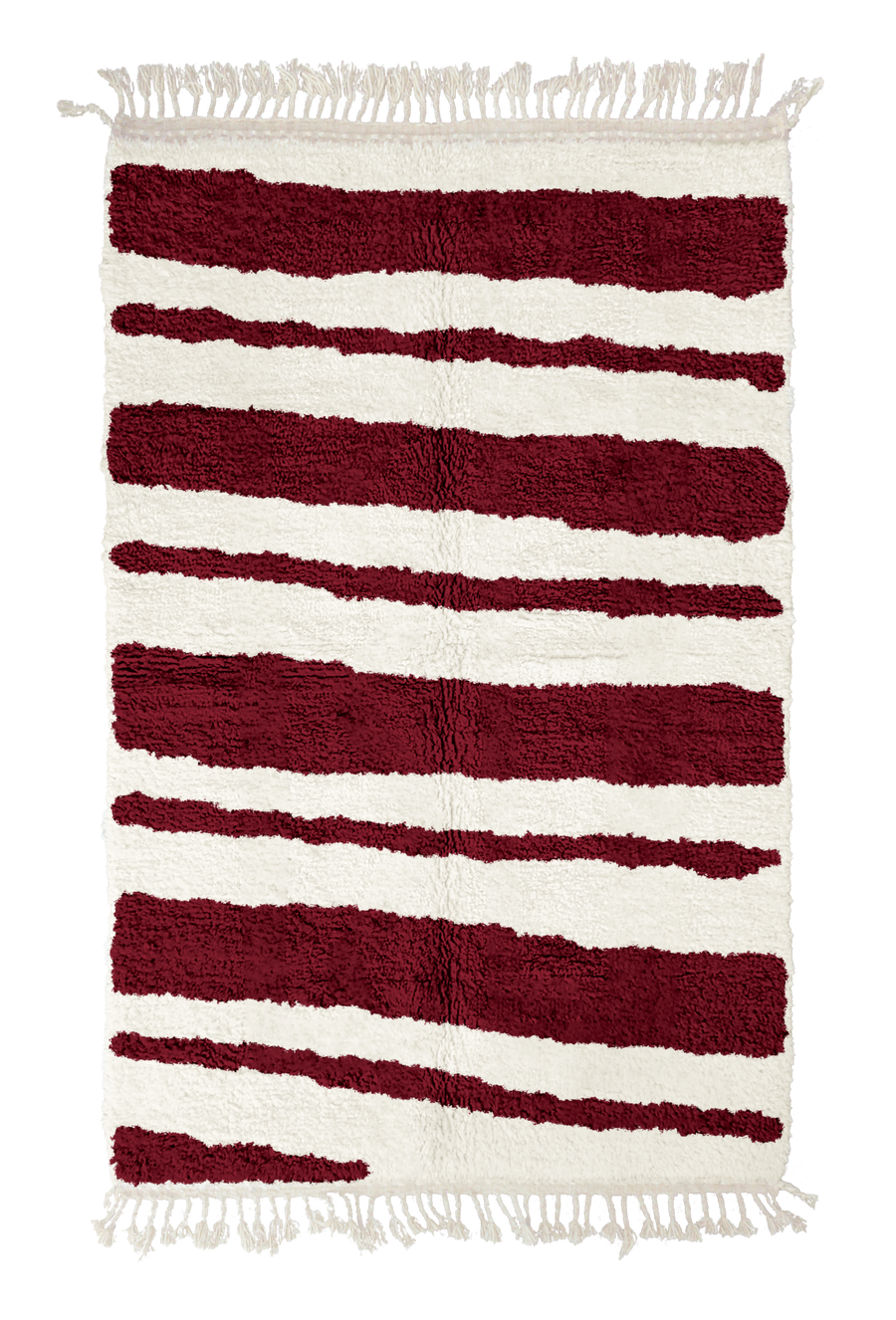 Double Stride zebra stripe wool rug, burgundy stripes on cream, full view from above with fringed ends