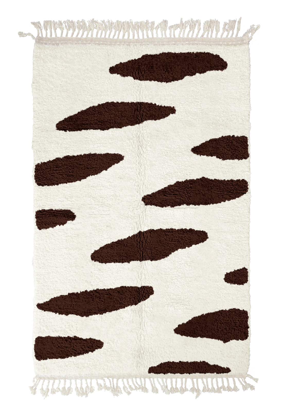 Brush Stride zebra stripe wool rug, dark brown stripes on cream, full view from above with fringed ends