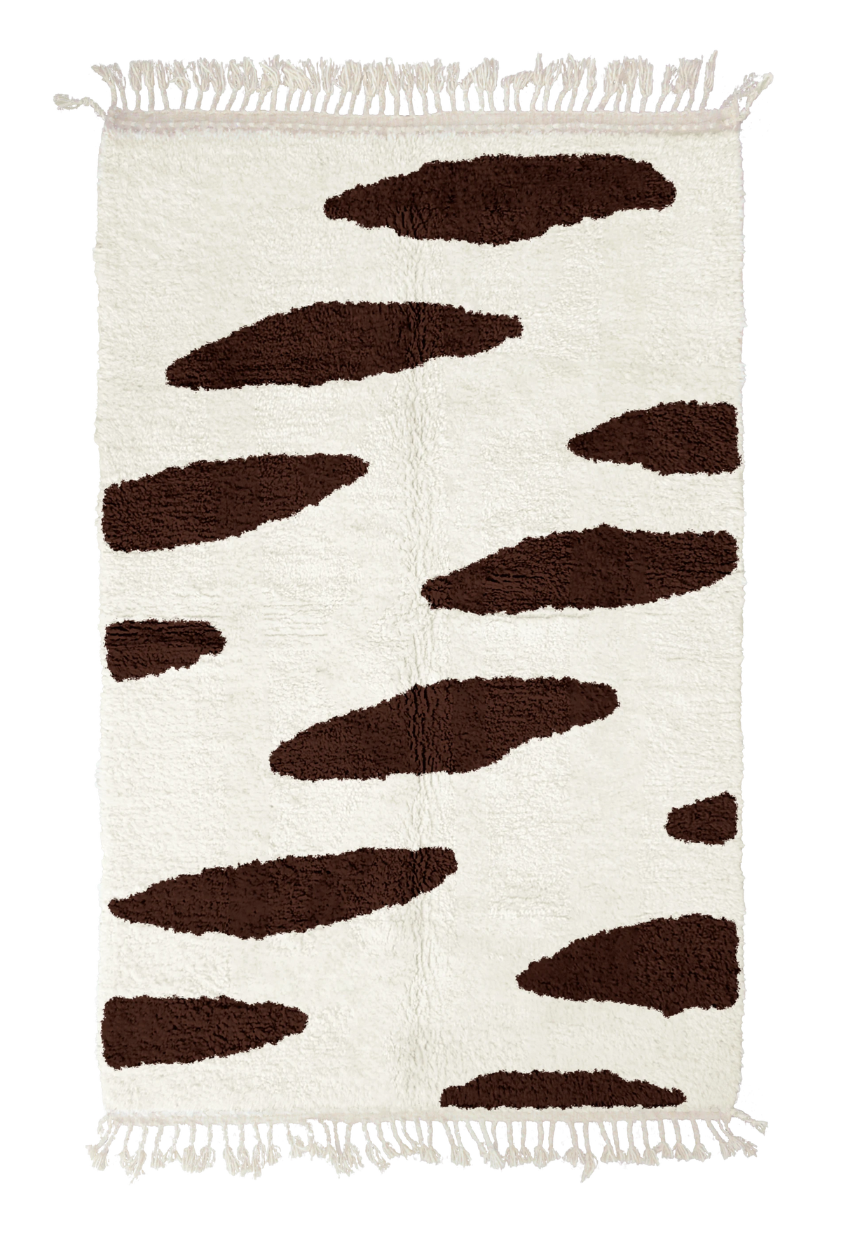 Brush Stride zebra stripe wool rug, dark brown stripes on cream, full view from above with fringed ends
