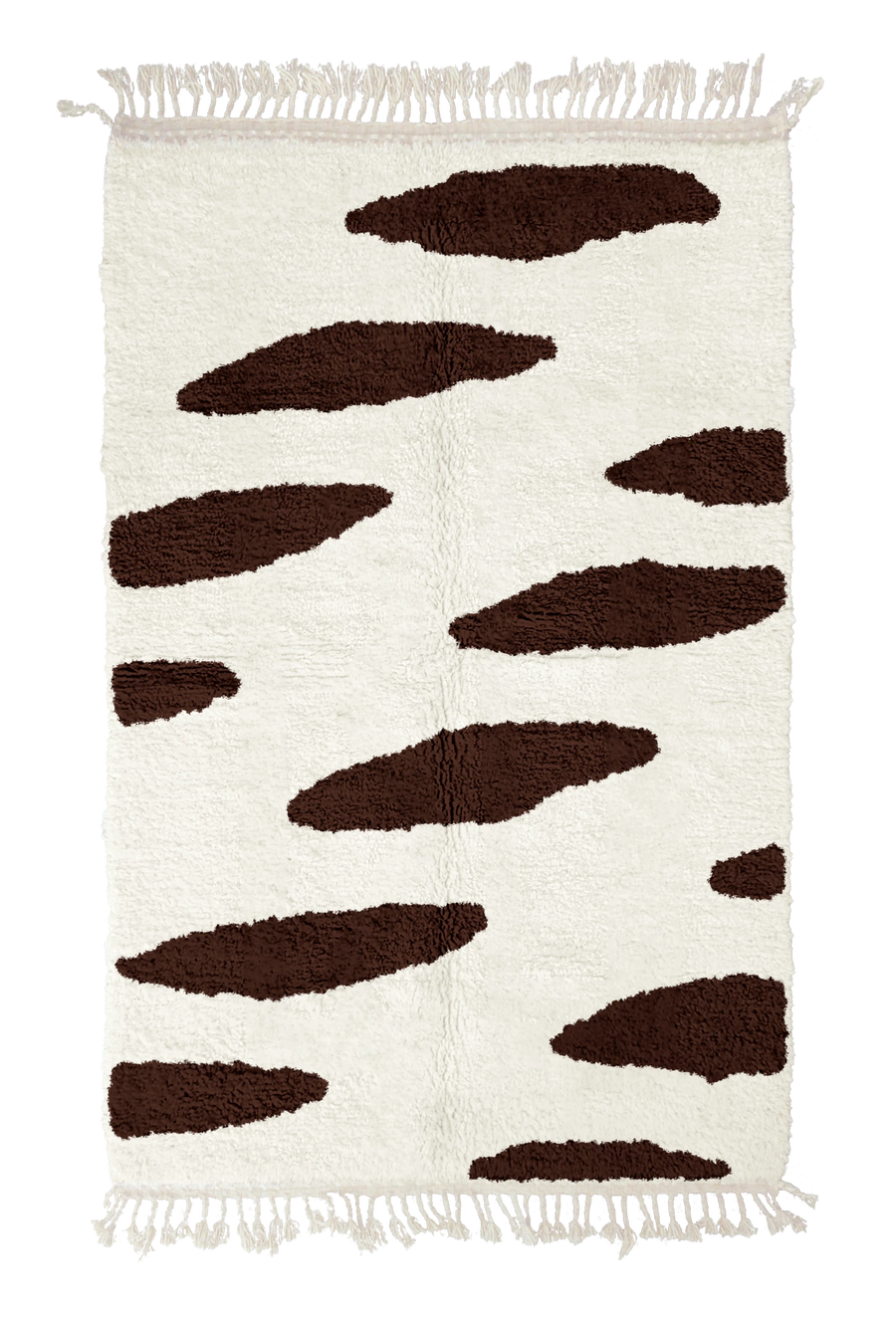 Brush Stride zebra stripe wool rug, dark brown stripes on cream, full view from above with fringed ends