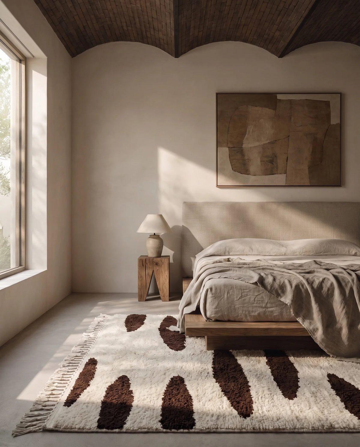 Brown and Cream zebra stripe wool rug in a furnished room
