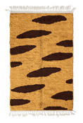 Load image into Gallery viewer, Brush Stride zebra stripe wool rug, dark brown stripes on ochre yellow, full view from above with fringed ends
