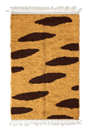 Brush Stride zebra stripe wool rug, dark brown stripes on ochre yellow, full view from above with fringed ends