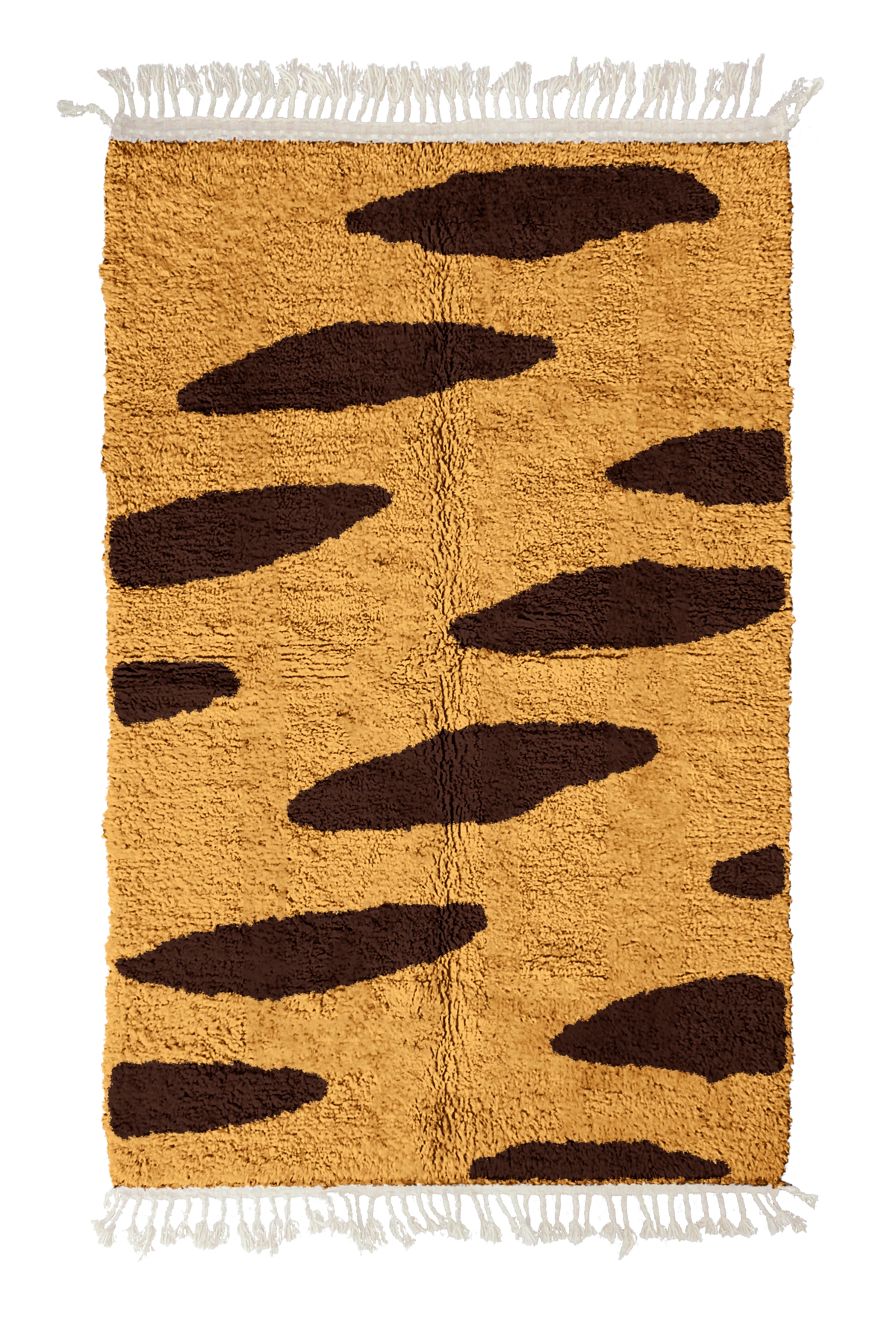 Brush Stride zebra stripe wool rug, dark brown stripes on ochre yellow, full view from above with fringed ends