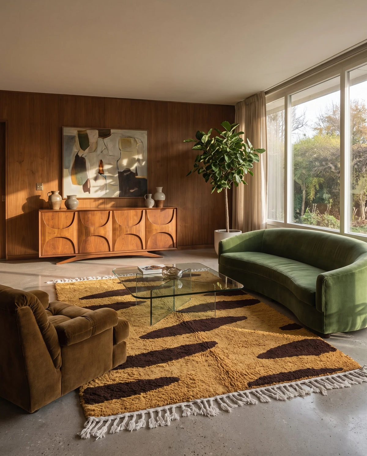 Brown and Ochre Yellow zebra stripe wool rug in a furnished room
