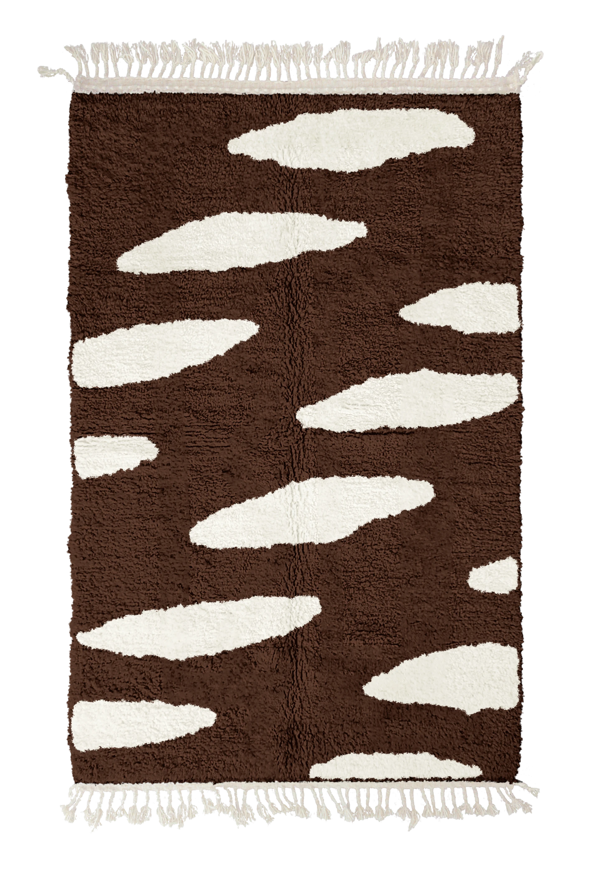 Brush Stride zebra stripe wool rug, cream stripes on dark espresso brown, full view from above with fringed ends