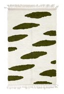 Brush Stride zebra stripe wool rug, olive green stripes on cream, full view from above with fringed ends