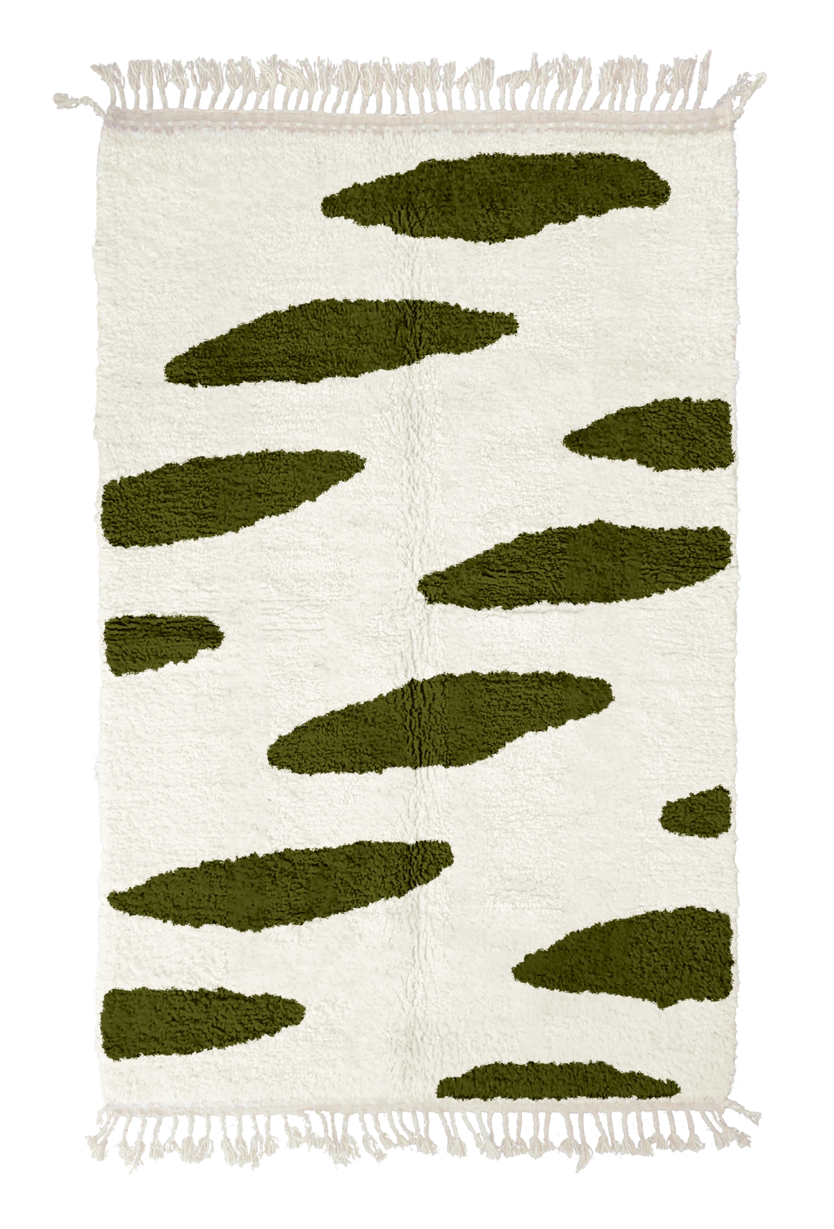 Brush Stride zebra stripe wool rug, olive green stripes on cream, full view from above with fringed ends