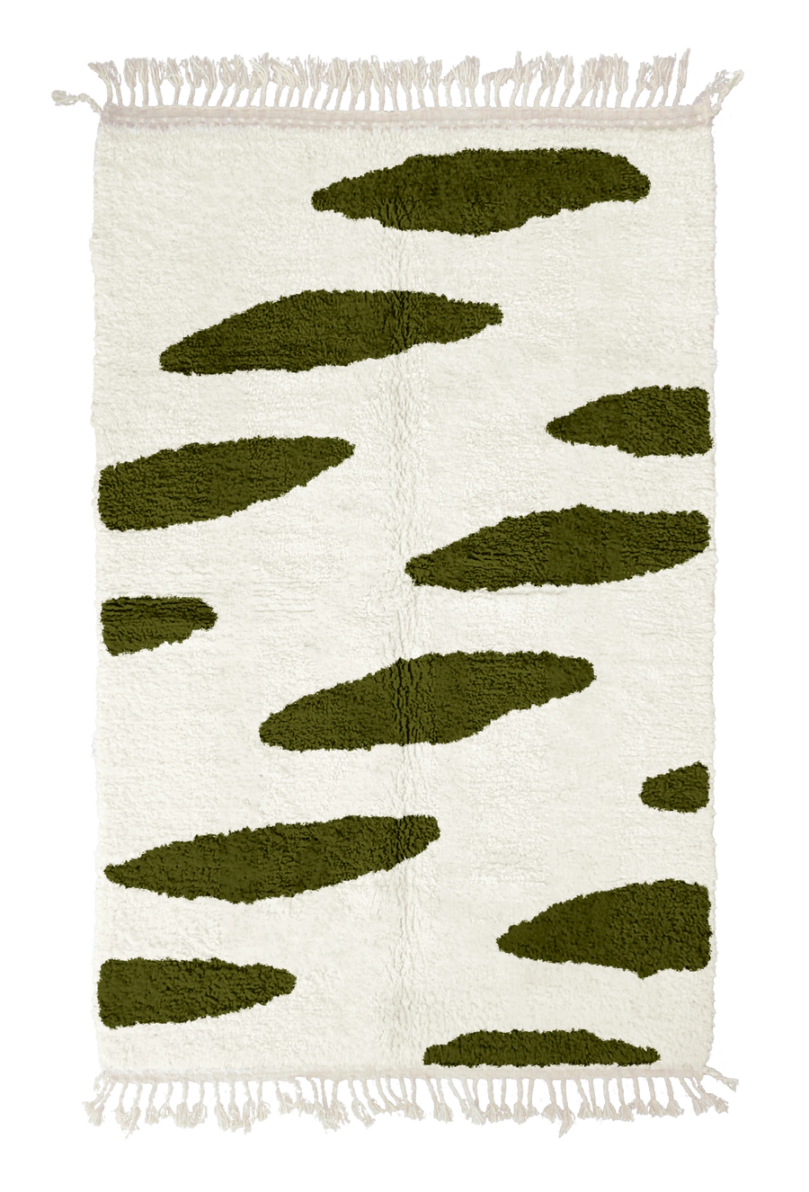 Brush Stride zebra stripe wool rug, olive green stripes on cream, full view from above with fringed ends