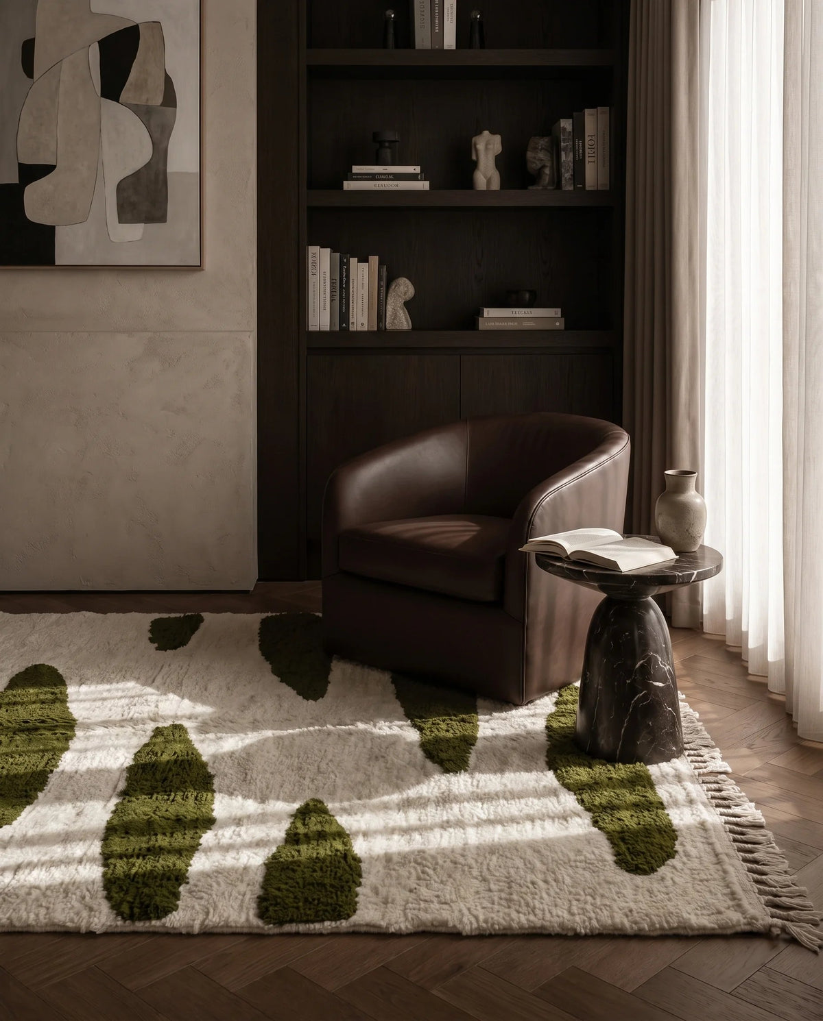 Olive Green and Cream zebra stripe wool rug in a furnished room