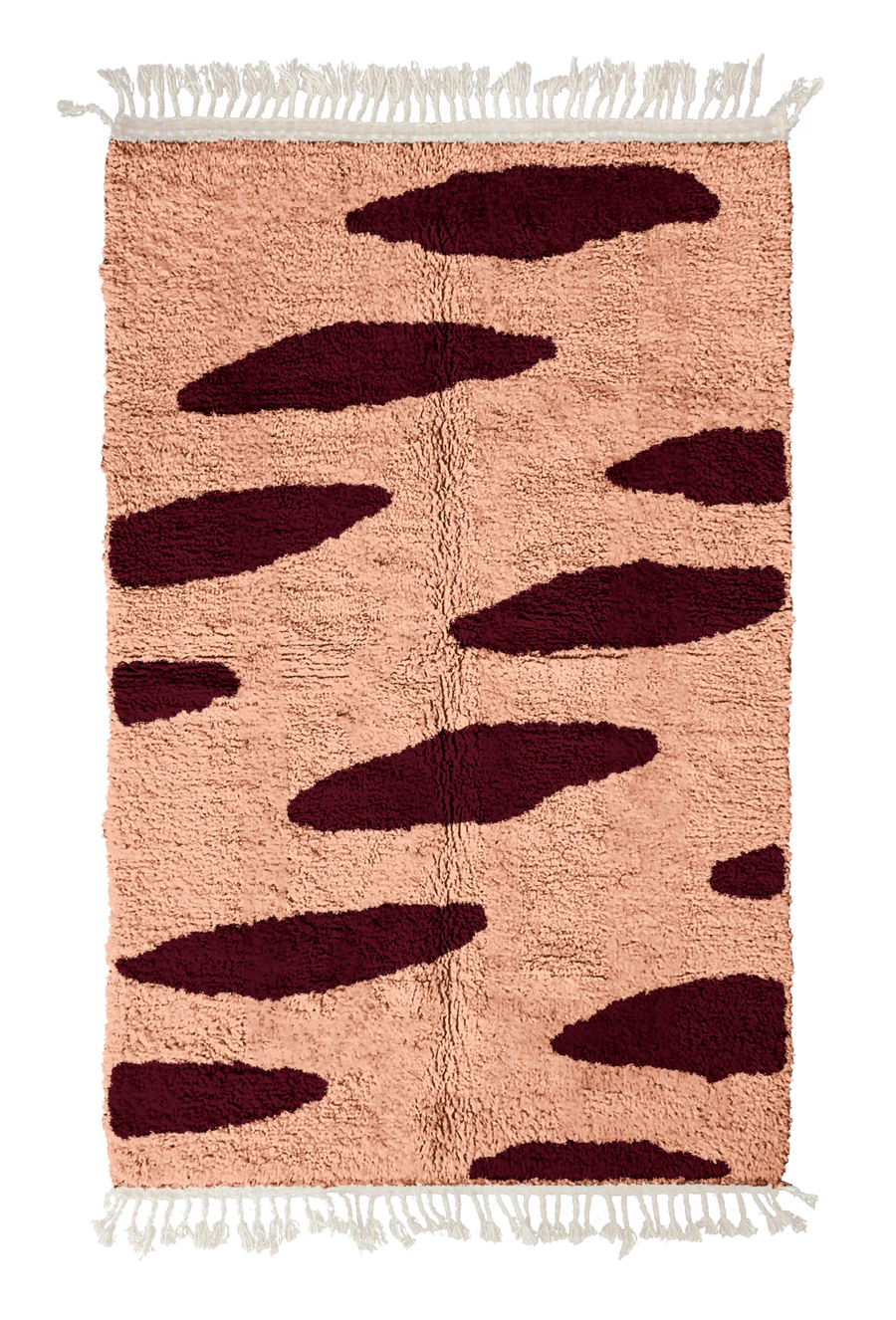 Brush Stride zebra stripe wool rug, oxblood red stripes on blush pink, full view from above with fringed ends