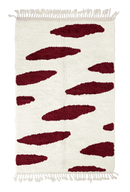 Brush Stride zebra stripe wool rug, burgundy stripes on cream, full view from above with fringed ends