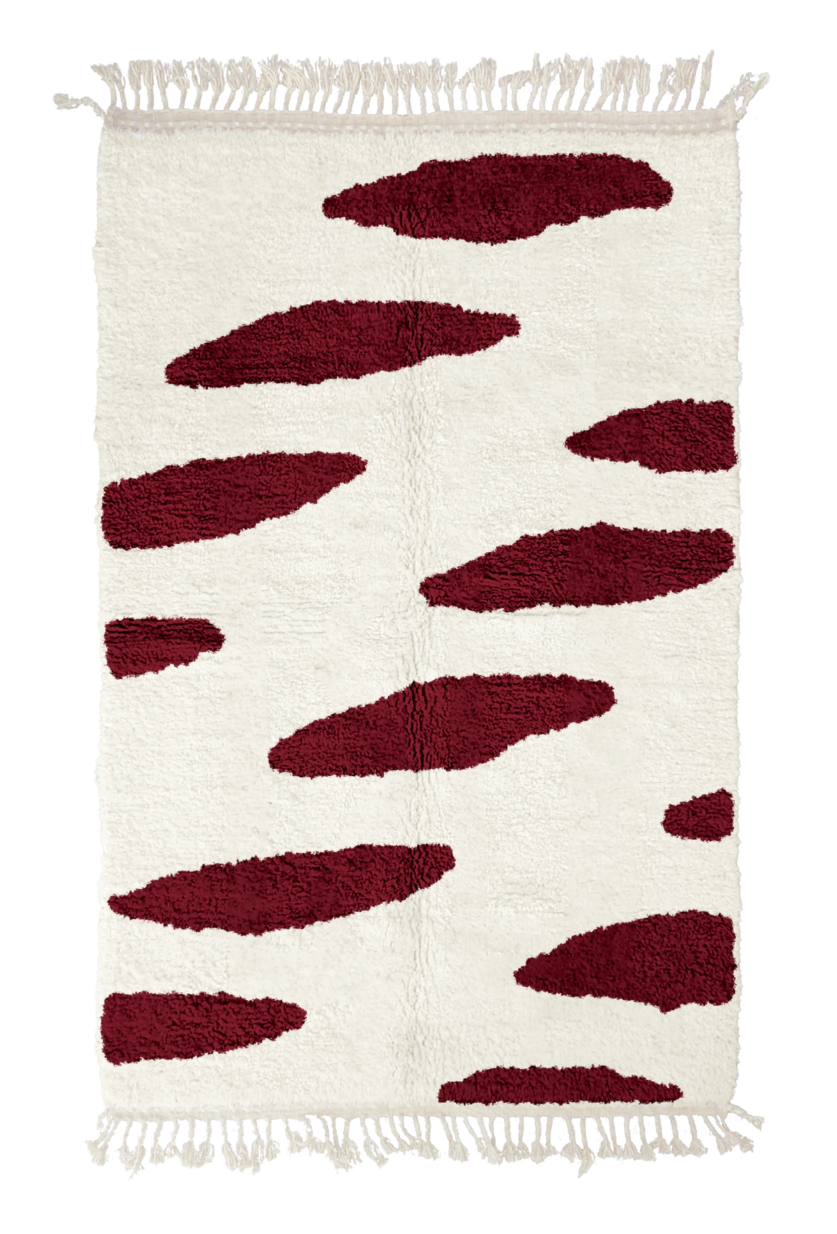 Brush Stride zebra stripe wool rug, burgundy stripes on cream, full view from above with fringed ends