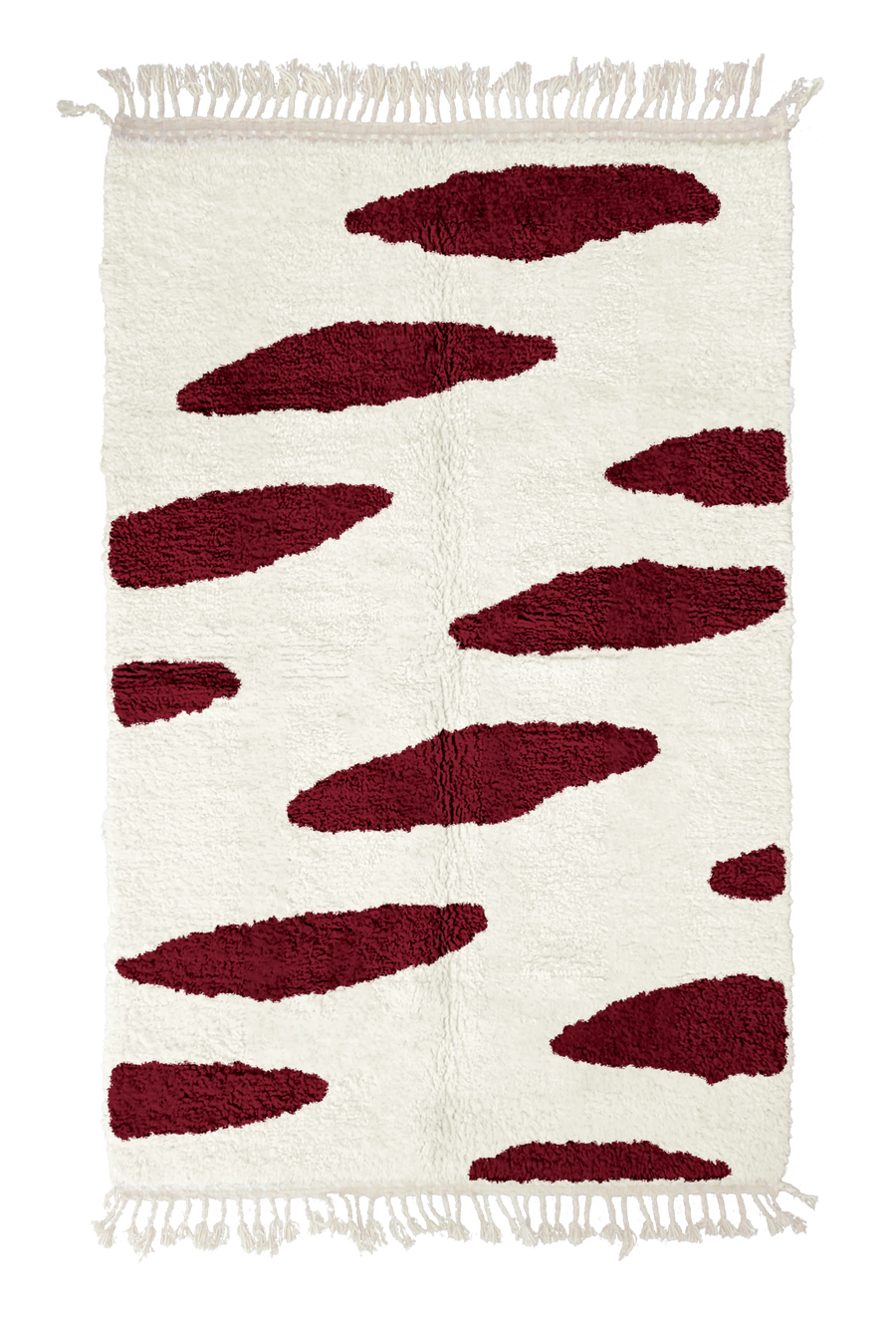 Brush Stride zebra stripe wool rug, burgundy stripes on cream, full view from above with fringed ends