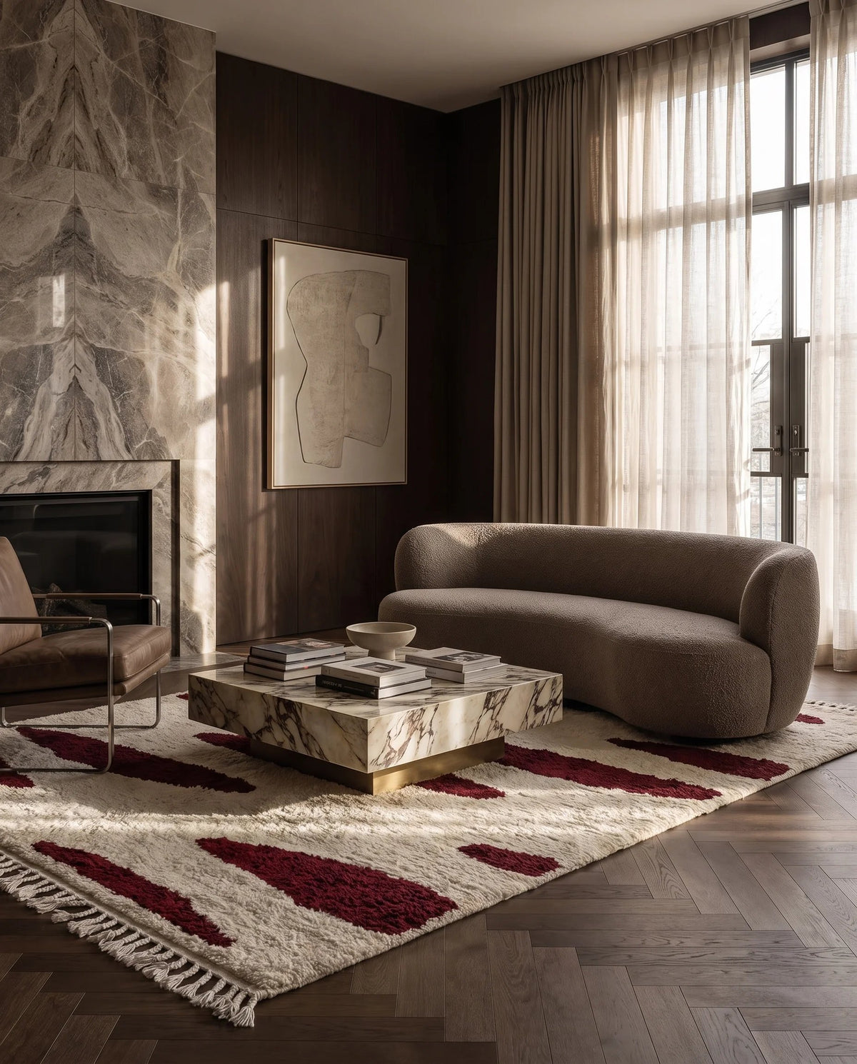 Burgundy and Cream zebra stripe wool rug in a furnished room