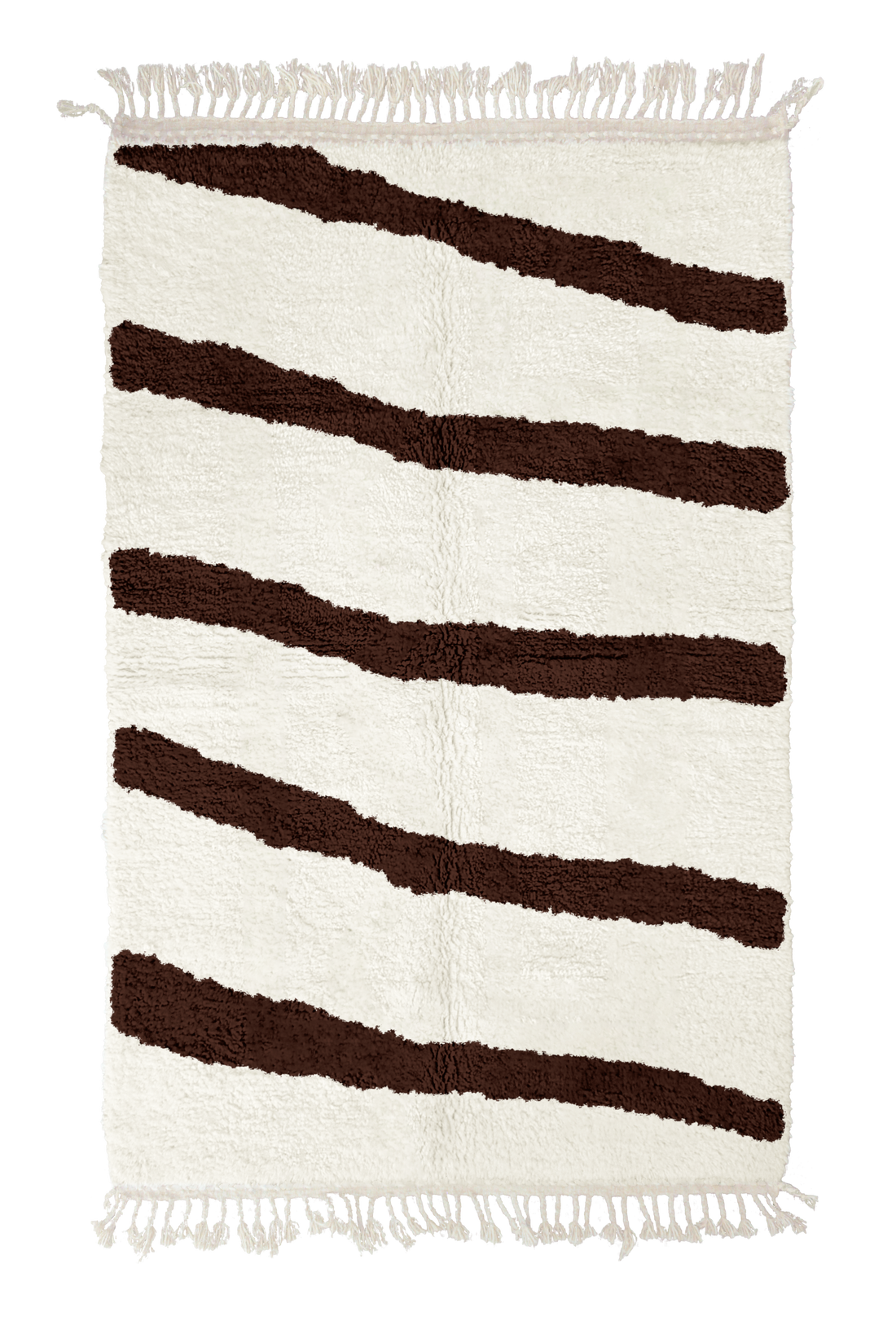 Open Stride zebra stripe wool rug, dark brown stripes on cream, full view from above with fringed ends