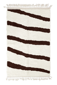 Load image into Gallery viewer, Open Stride zebra stripe wool rug, dark brown stripes on cream, full view from above with fringed ends

