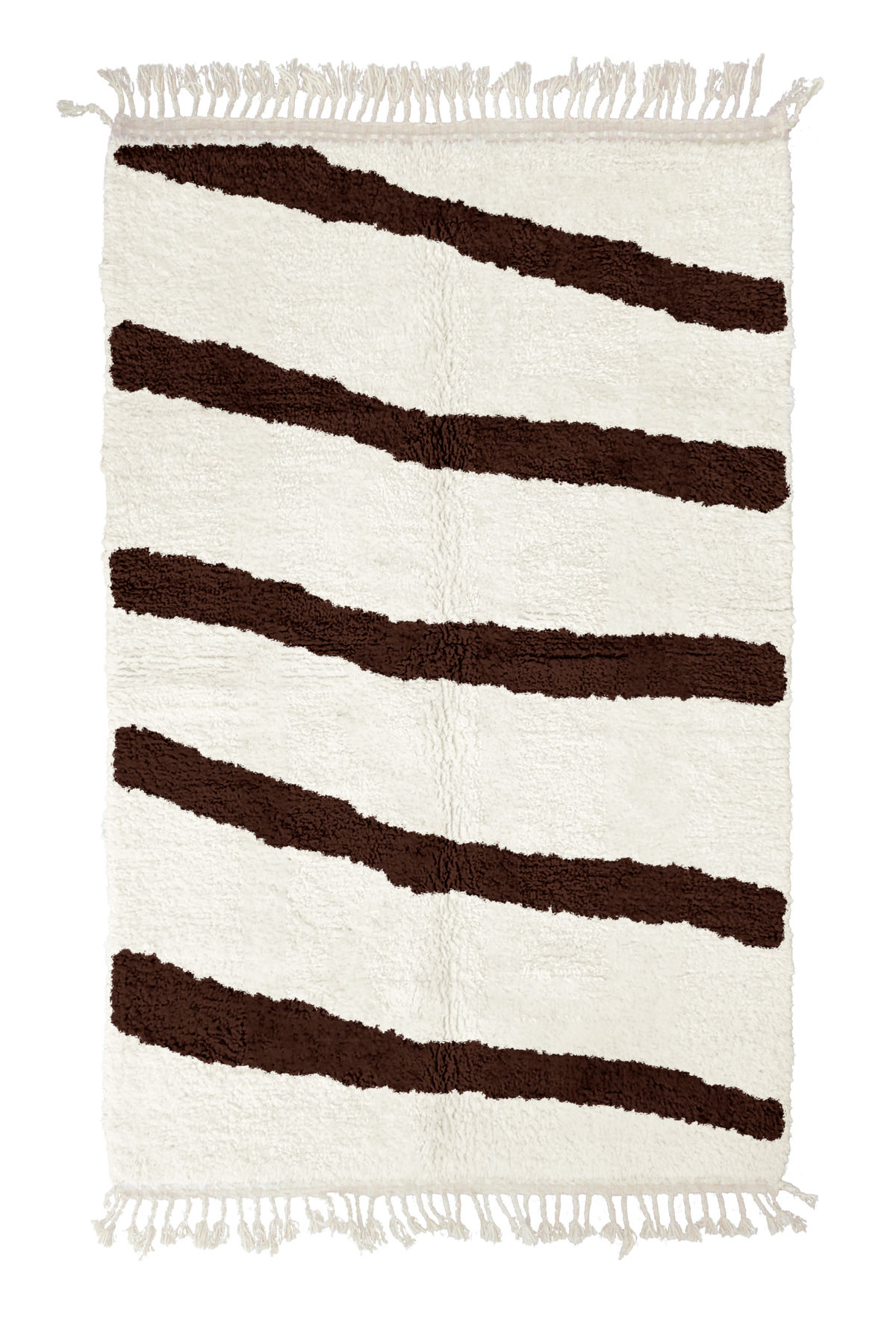Open Stride zebra stripe wool rug, dark brown stripes on cream, full view from above with fringed ends