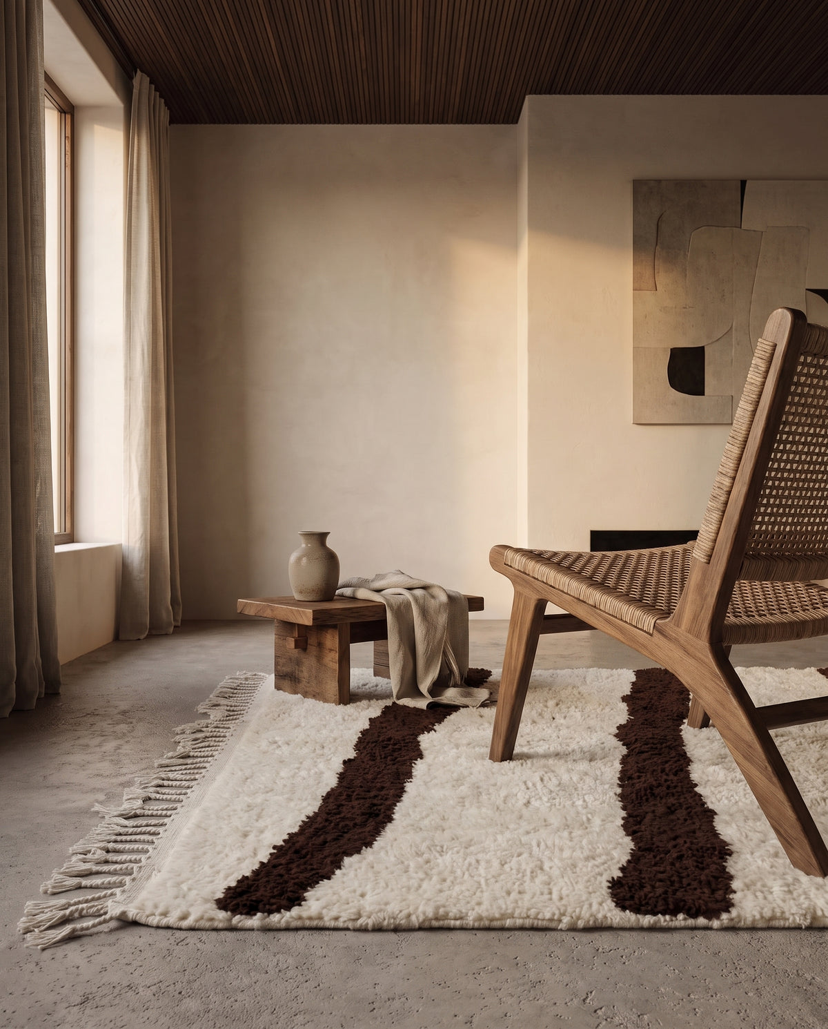 Brown and Cream zebra stripe wool rug in a furnished room