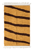 Load image into Gallery viewer, Open Stride zebra stripe wool rug, dark brown stripes on ochre yellow, full view from above with fringed ends
